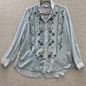 John Mark Mixed Print Embroidered Shirt Sz S Blue Patchwork Boho Coastal Artsy